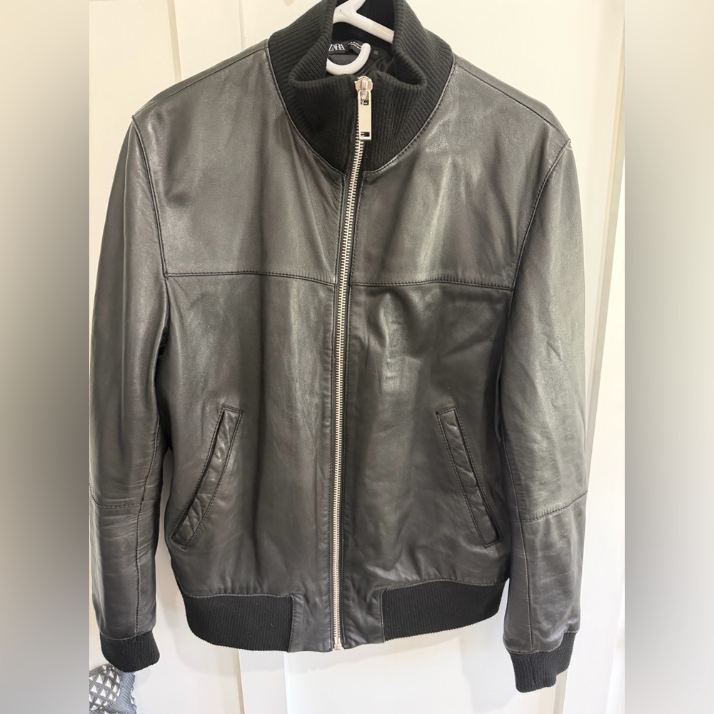 Zara Black Genuine Leather Bomber Jacket with Rib Knit Collar